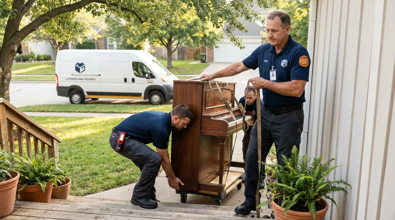 Licensed piano movers securing grand piano in Poquoson, VA
