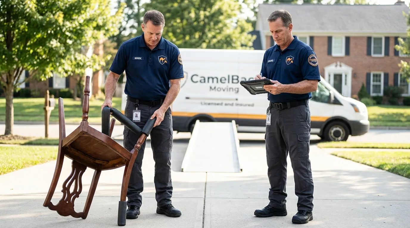 Movers inspecting furniture for damage prevention before loading in Poquoson, VA