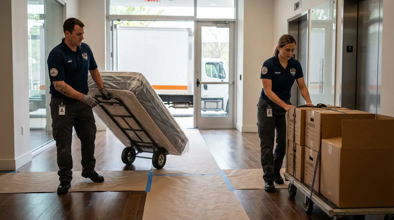 Professional apartment movers loading elevator in Poquoson, VA
