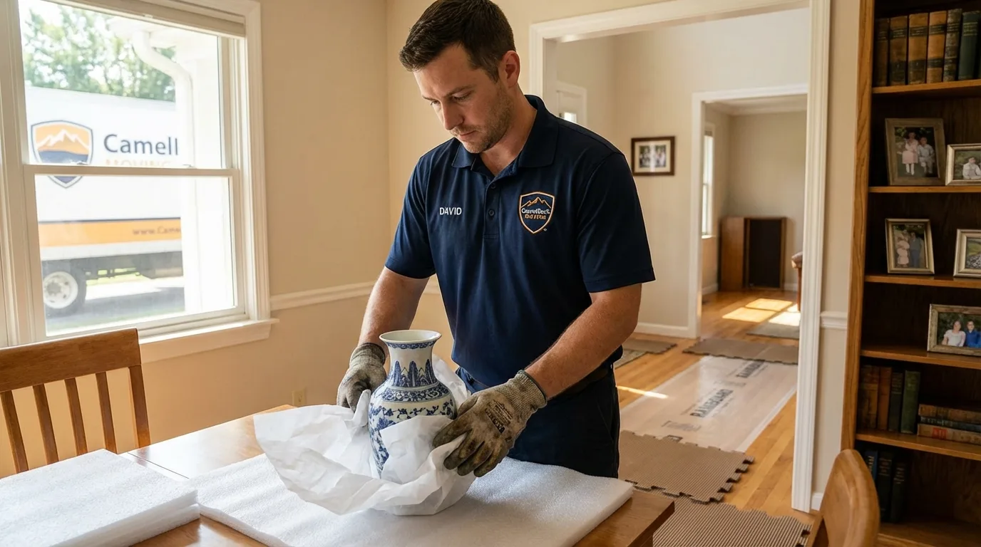 Professional crew carefully wrapping antique vase for senior downsizing move in Poquoson, VA